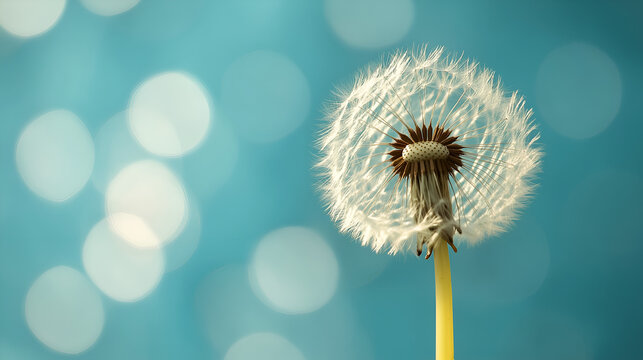 A close-up of a dandelion seed head, with some seeds blowing away in the wind