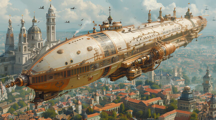 A massive steampunk-style airship floats above a sprawling, mist-covered city with towering pagodas, bathed in golden sunset light, evoking an epic fantasy-sci-fi world in the sky.