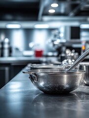 Professional stainless steel bowl with spoon in commercial kitchen setting culinary art concept