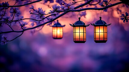 Illuminated Lanterns Hanging on Cherry Blossom Branches at Sunset