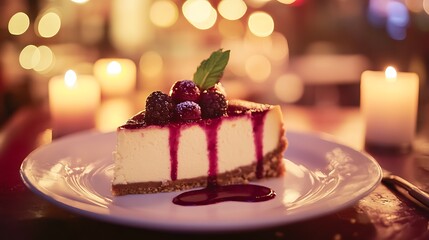 A delicious slice of cheesecake topped with fresh raspberries and drizzled with berry sauce, set against a softly lit backdrop with glowing candles