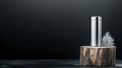 Obraz premium Touristic thermos on a wooden stump Over white Studio Background.