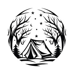 Tent amid Spooky Trees, Stars and Moon in a Circle 