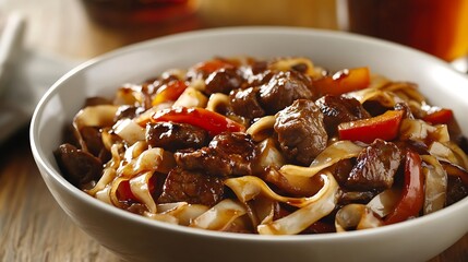 Fototapeta premium A bowl of stir-fried meat and vegetables served with wide noodles, featuring glossy sauce and vibrant colors, creating an appetizing appearance with wooden table background
