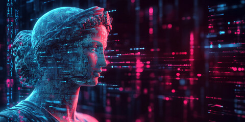 A classical marble statue of a woman&rsquo;s head rendered digitally in neon blue and pink light, blending ancient sculpture with futuristic data streams and holographic effects.