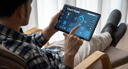 Smart home technology, centric remote control system with digital dashboard for air conditioning, safety security network or house automation. App software, ui panel programming IOT monitor snugly