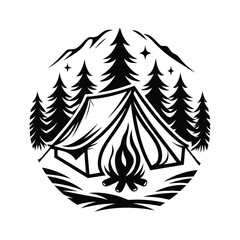 Obraz premium Tent, Campfire, Trees, and Mountain Silhouette under Stars on White Background