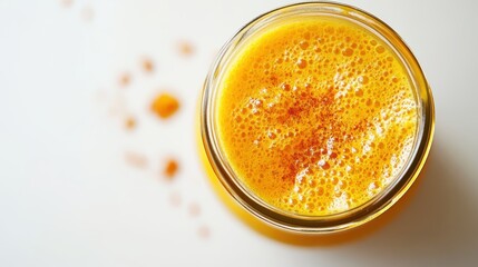 A bird is eye view of a fresh smoothie with blended mango, orange, and pineapple, served in a mason jar, on a white background