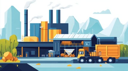 Industrial Landscape with Factory and Truck Illustration