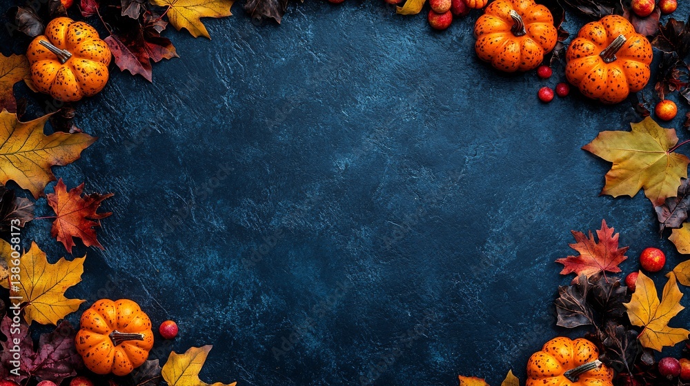 Poster autumnal background with pumpkins and maple leaves forming a frame on dark blue background with copy