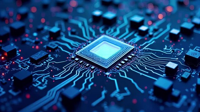 Illuminated microchip processor with glowing blue center mounted on circuit board with luminous red connection points. Digital semiconductor technology with integrated electronic components. Advanced