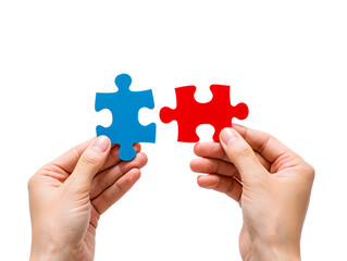 Two hands holding a blue and a red puzzle piece before connecting, symbolizing teamwork and solutions.