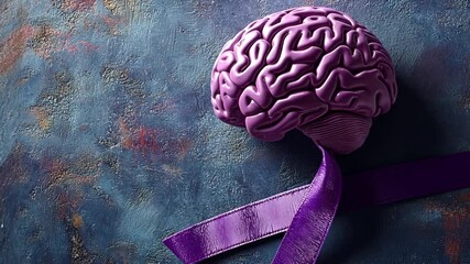 3D model of a brain with purple ribbon on dark textured background. Possible use awareness campaign