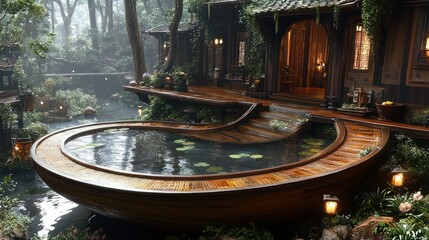 Serene Asian-inspired house nestled in lush forest, featuring a unique curved wooden pond