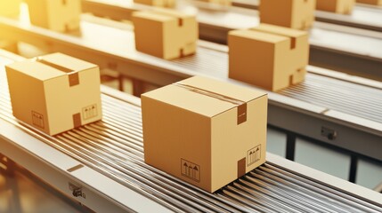 Cardboard Boxes Moving on Conveyor Belt in Modern Warehouse Environment