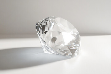 Sparkling Diamond Close-up on White Surface with Dramatic Lighting and Shadow