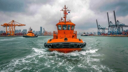 Bright Orange Tugboat Navigates Busy Port Under Cloudy Sky