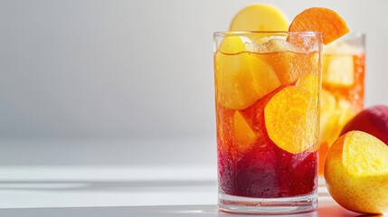 Fototapeta premium A high-angle shot of a colorful fruit and vegetable juice with beetroot, carrot, and apple slices, served in a clear glass, on a white background