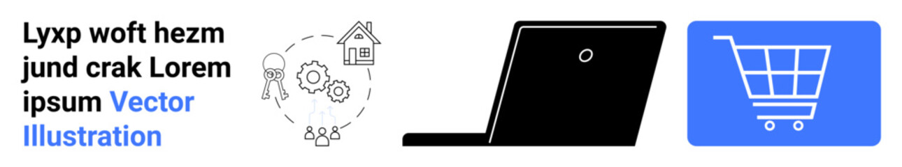 Abstract shopping cart next to laptop silhouette with circular community connections. Ideal for ecommerce, technology, teamwork development, xb s aboutmodernizaing simple page