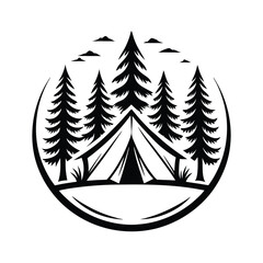 Obraz premium Minimalist Tent Amidst Pine Trees in Circular Design 