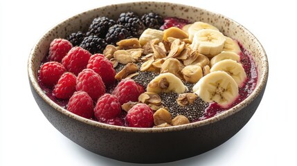 A bird is eye view of a fruit-filled breakfast bowl with bananas, berries, chia seeds, and honey, on a white background