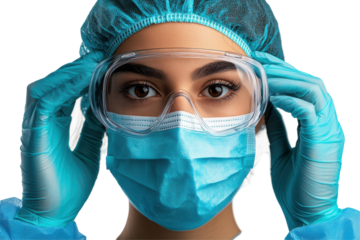 Female healthcare worker wearing protective gear mask goggles gloves and cap isolated on transparent background