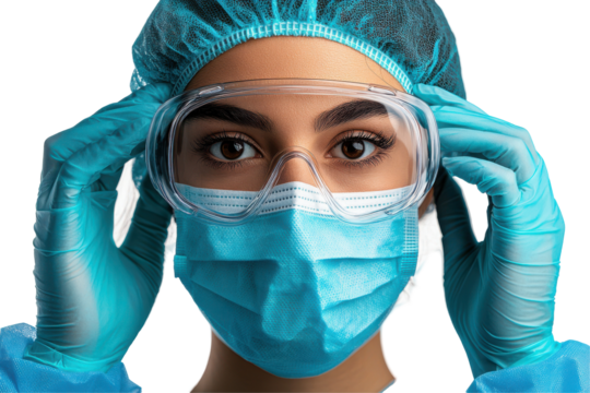 Female healthcare worker wearing protective gear mask goggles gloves and cap isolated on transparent background