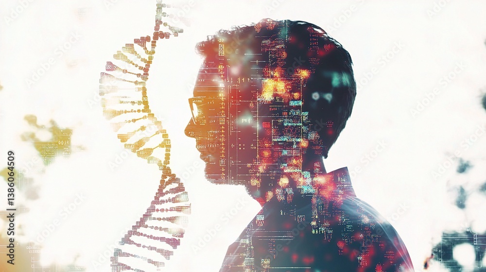 Poster double exposure of scientist working with dna and data visualization