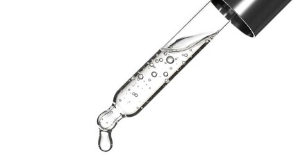 Skincare pipette with serum smear on clean white background