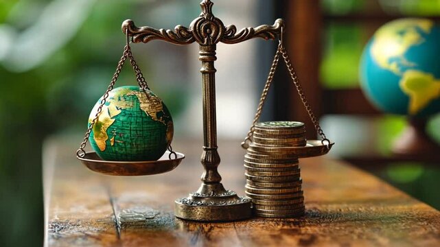 Justice scales with Earth and money; weighing the planet's value