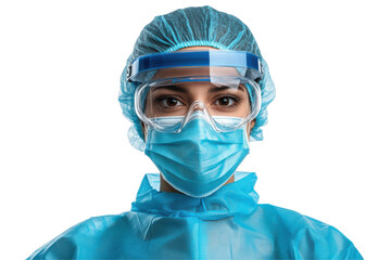 Healthcare worker in PPE mask goggles and bouffant cap isolated on transparent background
