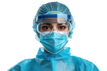 Healthcare worker in PPE mask goggles and bouffant cap isolated on transparent background