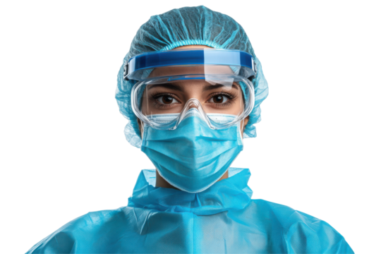 Healthcare worker in PPE mask goggles and bouffant cap isolated on transparent background