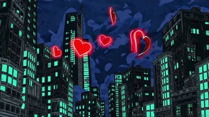 Luminous red hearts drifting across futuristic urban skyline, floating above glowing skyscrapers with vibrant green windows during dark nocturnal cityscape - Powered by Adobe