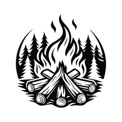 Black Campfire with Log Pile, Flames and Trees 