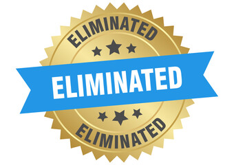 eliminated. eliminated round blue and gold label isolated on transparent background