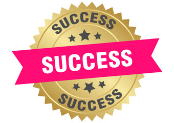 success. success round pink and gold label isolated on transparent background