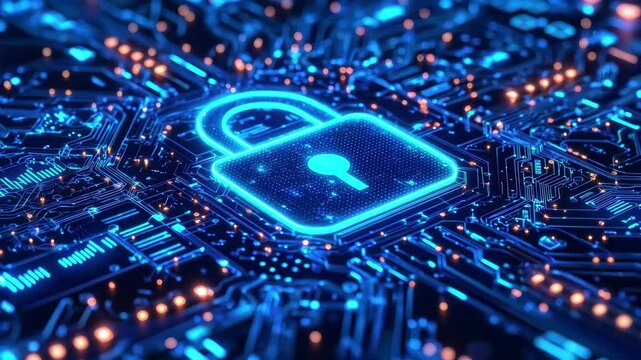 Digital glowing blue padlock on circuit board background with neon lights. Cybersecurity concept with encrypted data protection. Technology network security system with electronic lock symbol