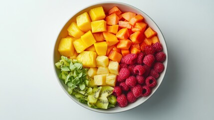 A bird is eye view of a bowl of mixed tropical fruits with papaya, pineapple, and mango, arranged in a bowl, on a white background
