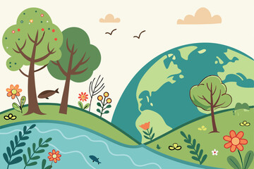 Earth Day Vector Illustration Featuring Planet Earth and Trees &ndash; Eco-Friendly Nature Concept for Environmental Awareness and Green Campaigns