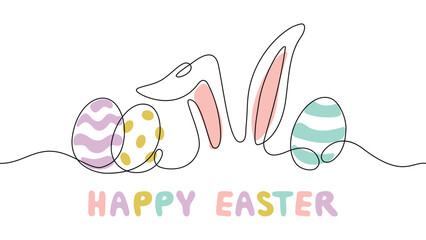 happy easter banner with hand drawn text and easter eggs line art, isolated vector illustration on white background, modern design for greeting cards,poster,decoration,prints,backdrop