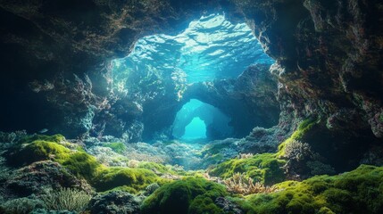 Fototapeta premium Mysterious Underwater Cave With Sunlight Streaming Through Crystal Clear Water Illuminating Rocks