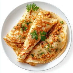 Delicious golden pancakes with savory filling and fresh parsley garnish served on a white plate culinary delight food photography