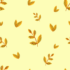Set of watercolour yellow leaves pattern. Golden autumn leaves in bright background