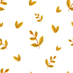 Set of watercolour yellow leaves pattern. Golden autumn leaves in bright background