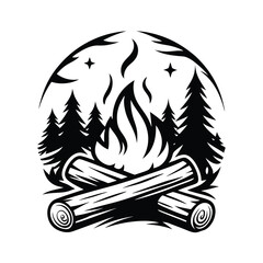 Silhouette Bonfire Logs Design with Trees and Stars