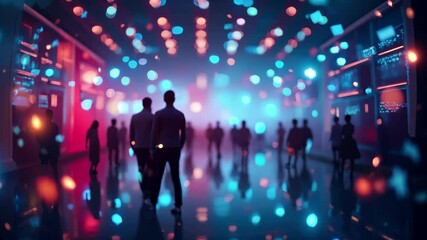 Silhouetted people walking through futuristic urban environment with bokeh lights and digital projection elements. Blurred human figures amid neon blue and pink illumination with abstract data - Powered by Adobe