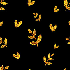 Set of watercolour yellow leaves pattern. Golden autumn leaves in bright background