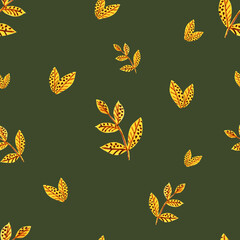 Set of watercolour yellow leaves pattern. Golden autumn leaves in bright background