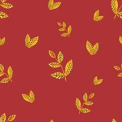 Set of watercolour yellow leaves pattern. Golden autumn leaves in bright background
